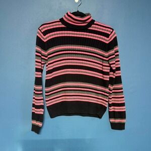 Vintage 90s Turtleneck Women's Size Medium Petite Jeanne Pierre Pink Black Retro